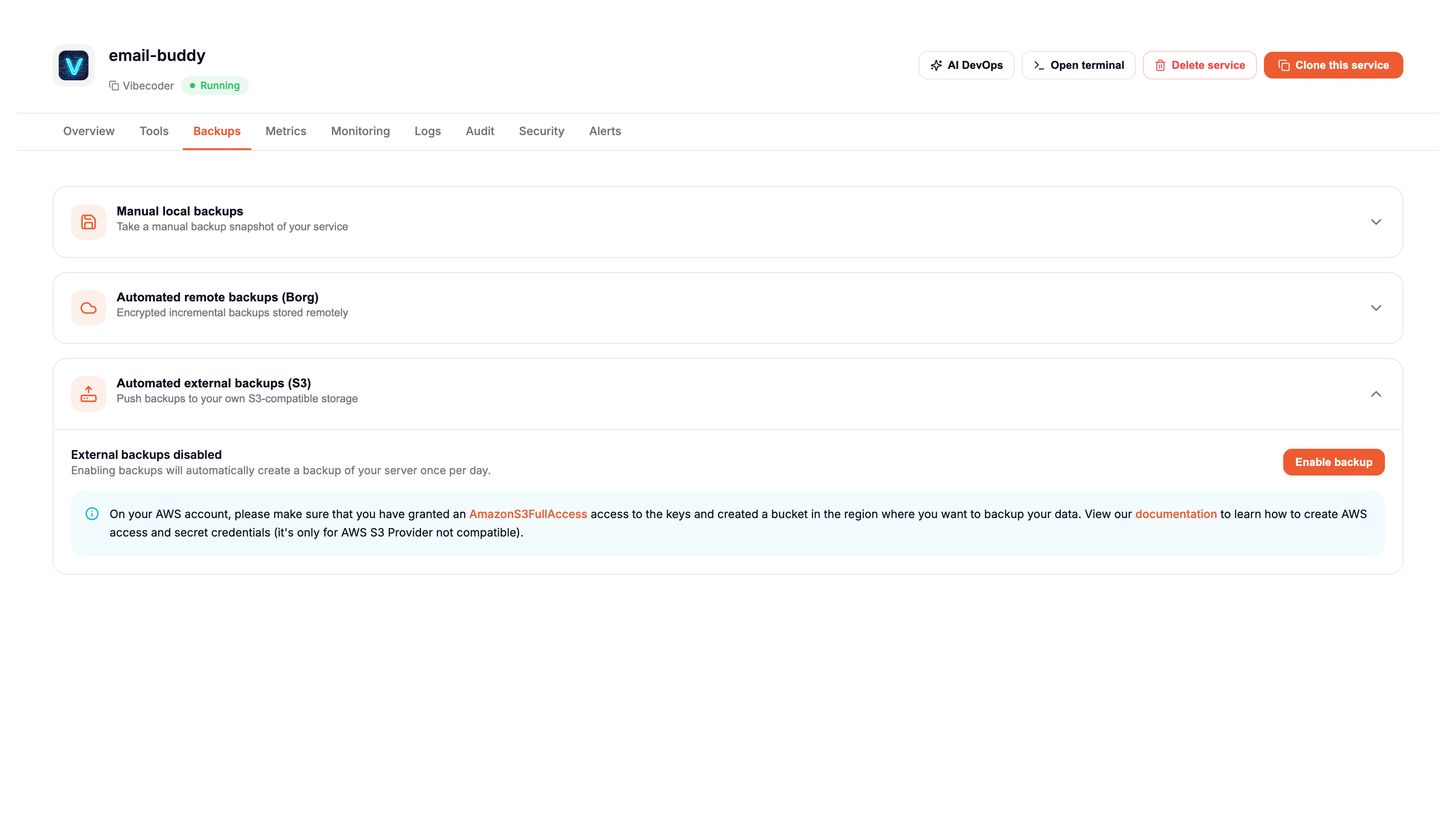 Automated external backups (S3) setup