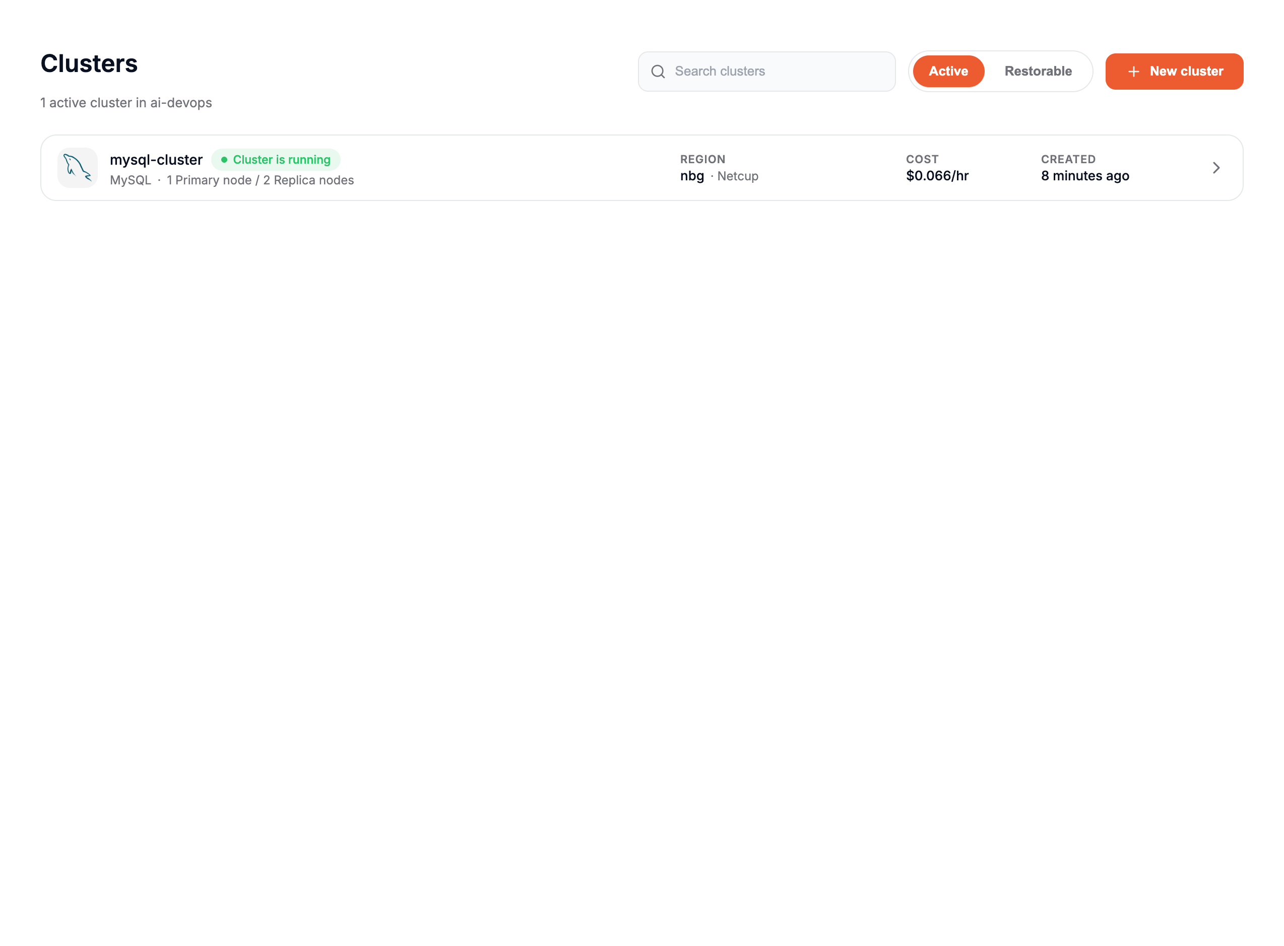 Clusters list