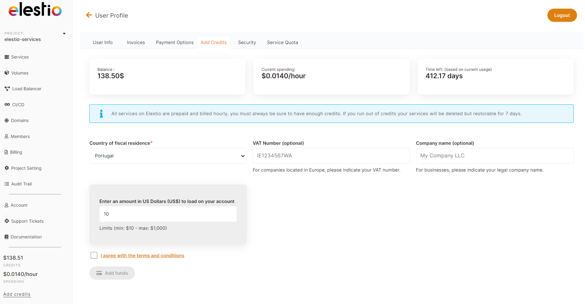 Add Credits Interface