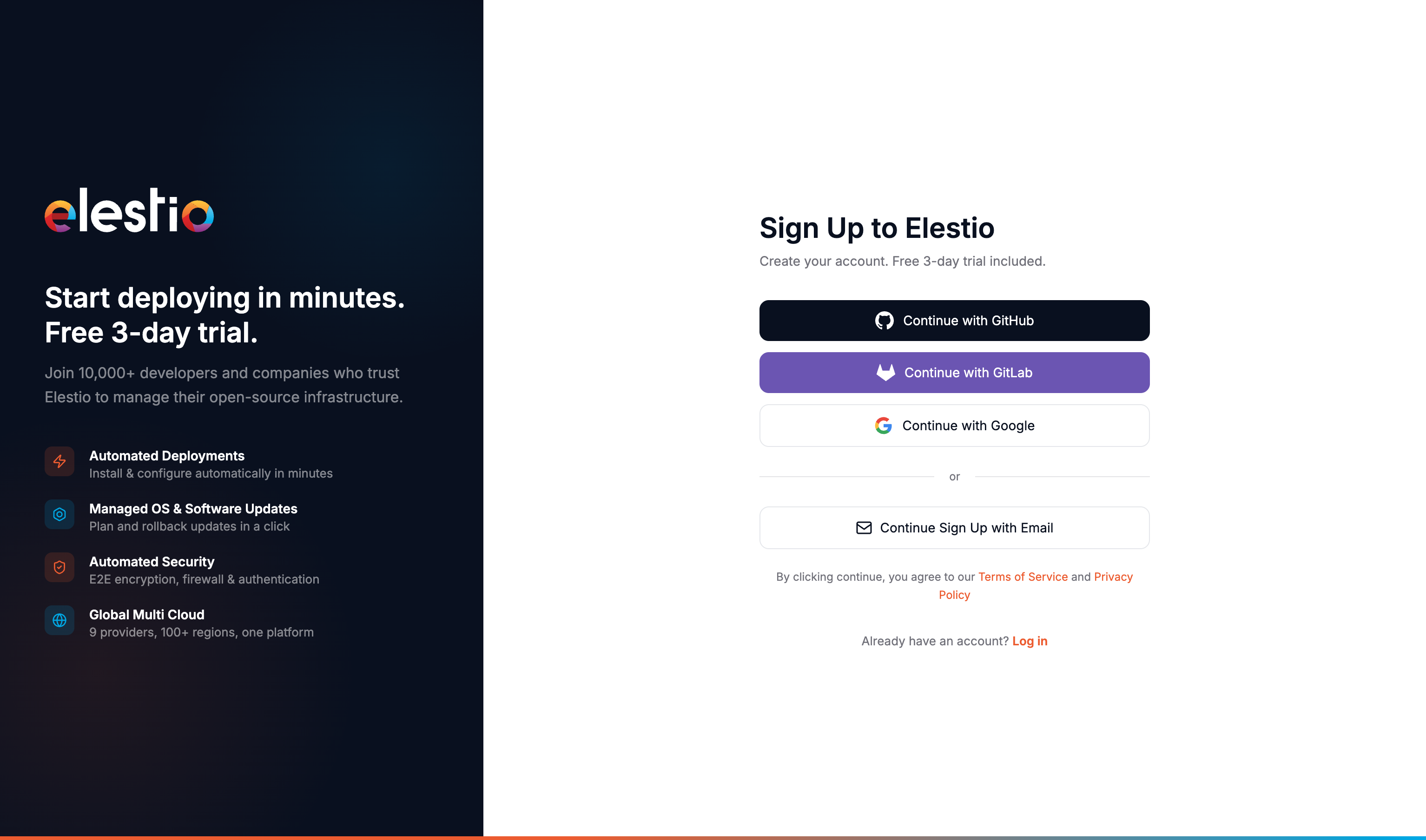 Elestio OAuth signup options: GitHub, GitLab, and Google
