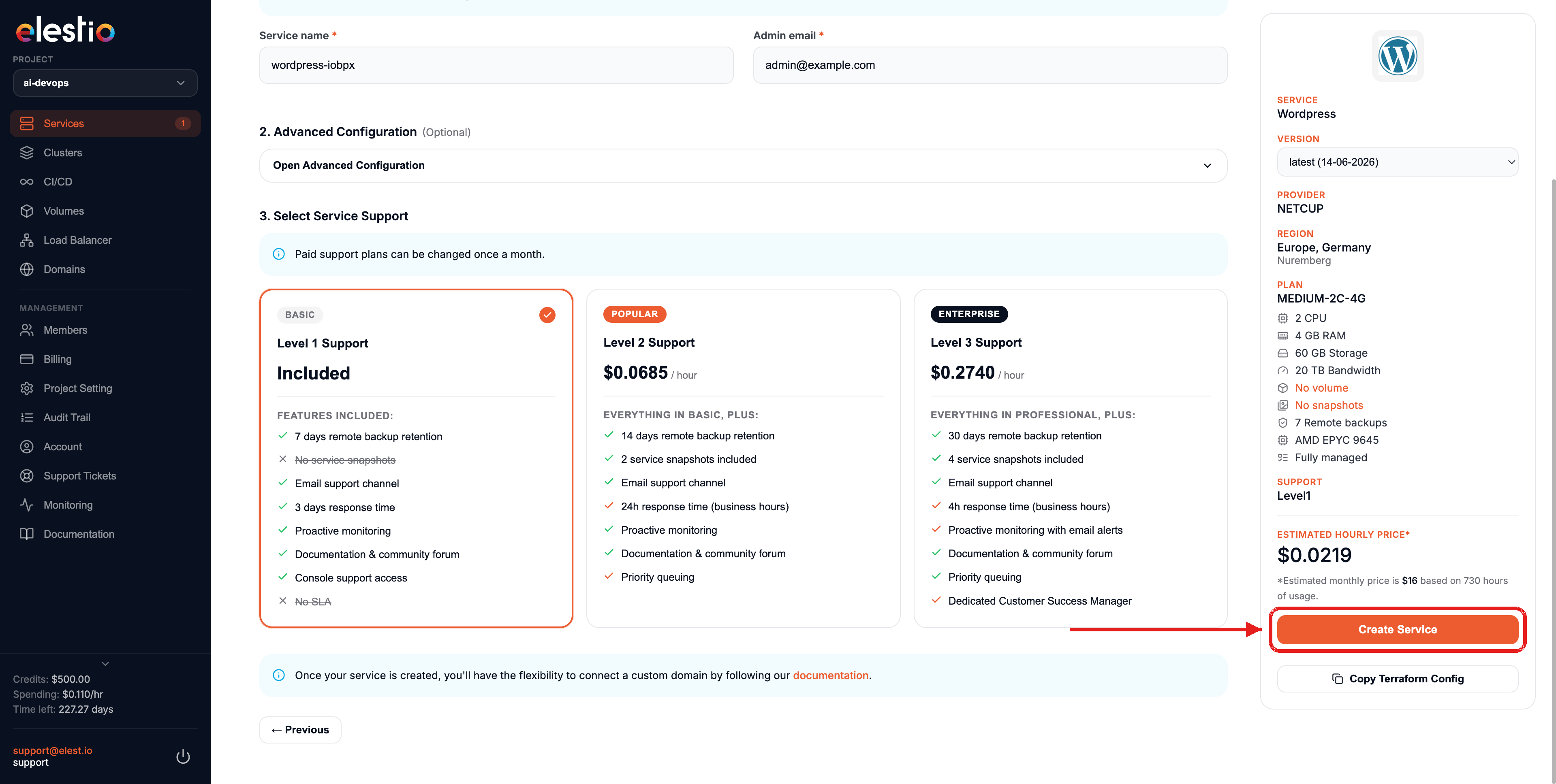 Create Service with cost summary