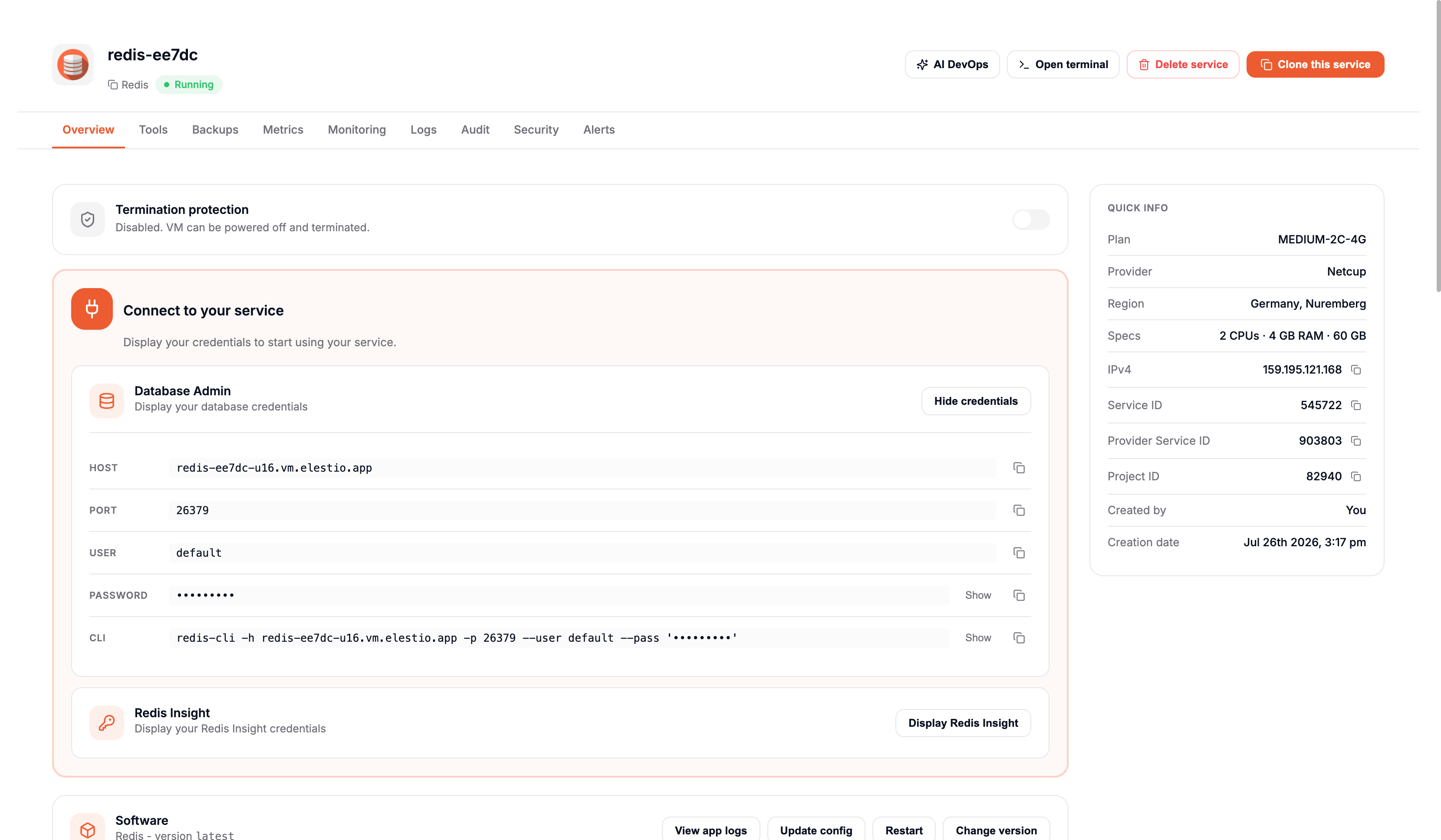 Database connection details: host, port, username, password, and CLI