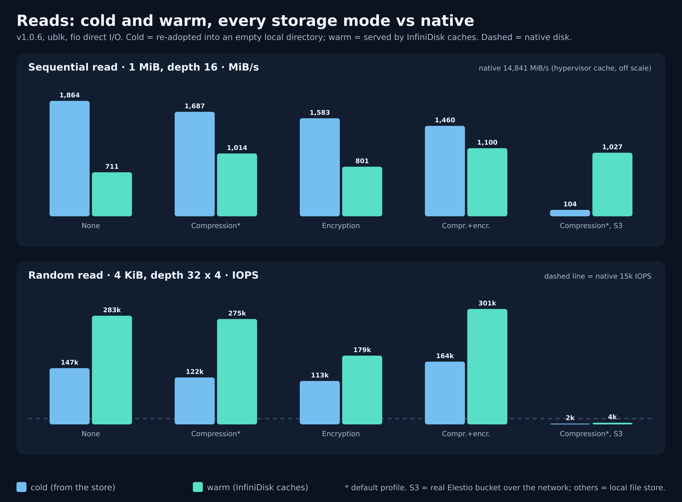Sequential and random reads, cold (first read) and warm (from the Infinidisk caches), for every storage option