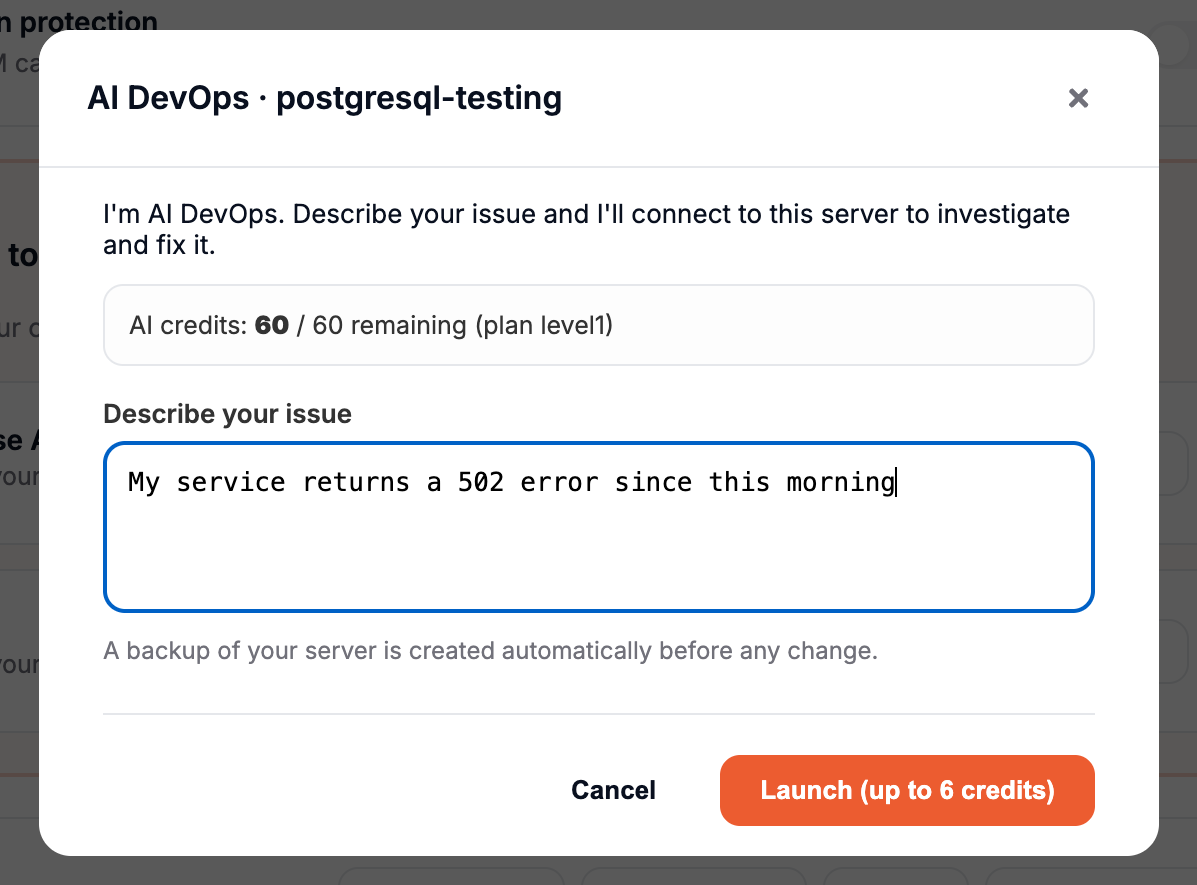 AI DevOps on a service, with the issue described