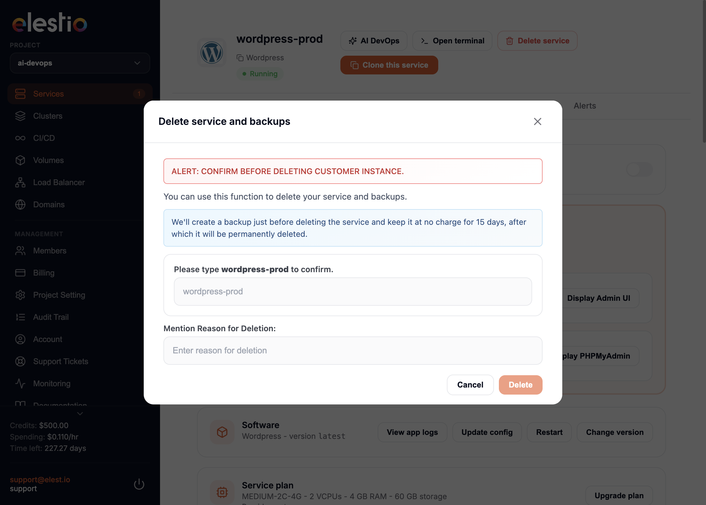 Delete service confirmation dialog