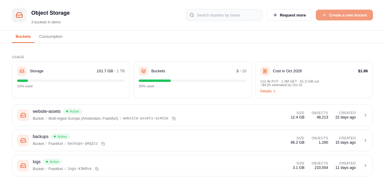 Object Storage page with the list of buckets
