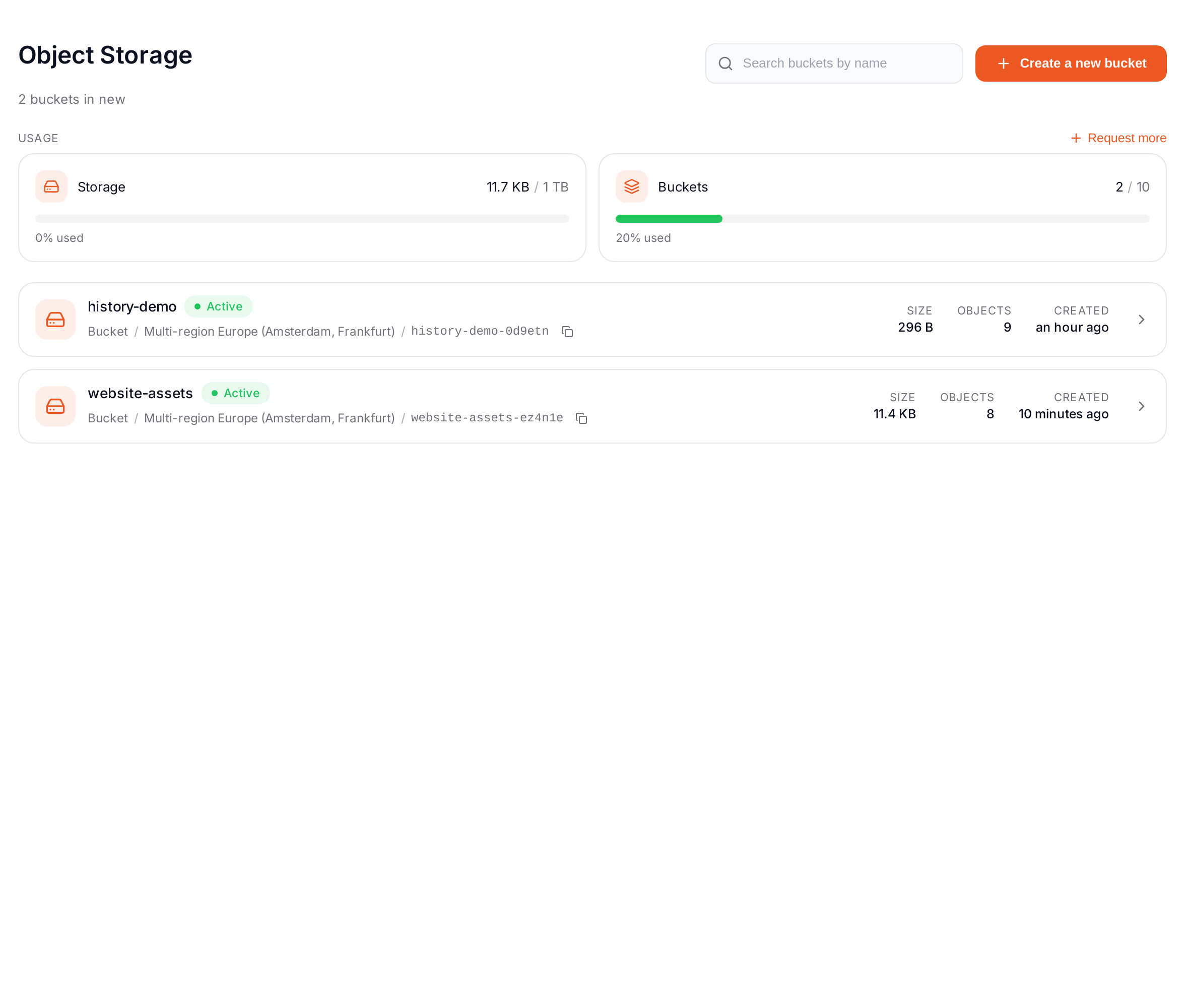 Object Storage page with the list of buckets