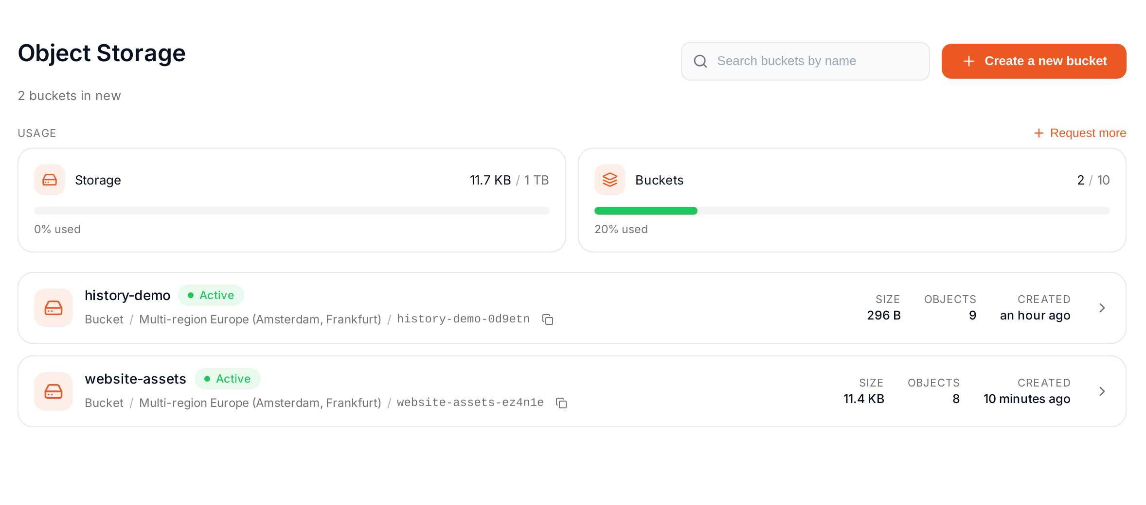 Storage and bucket usage of a project