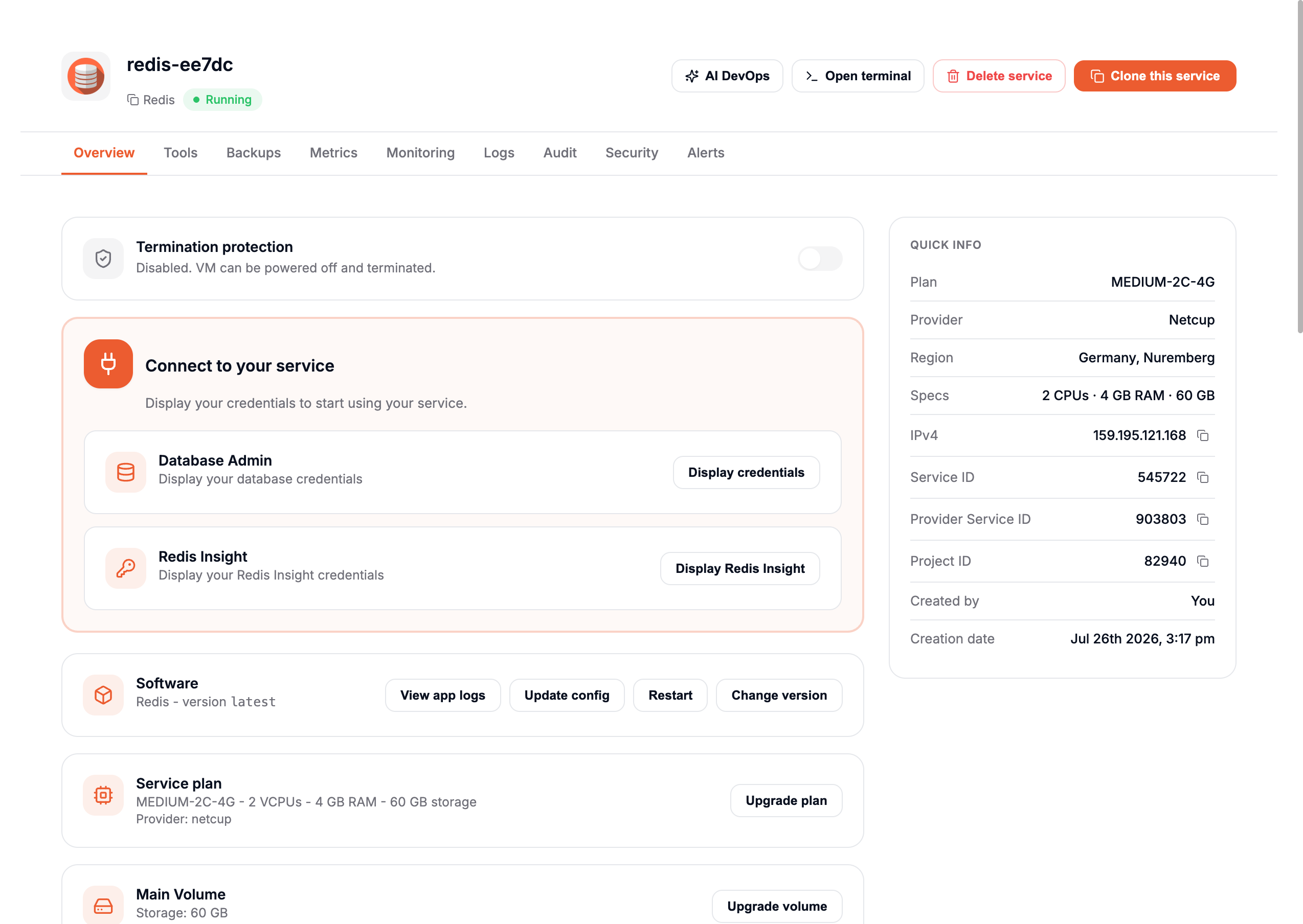 The service Overview tab with Connect to your service, Display Admin UI, and Quick Info