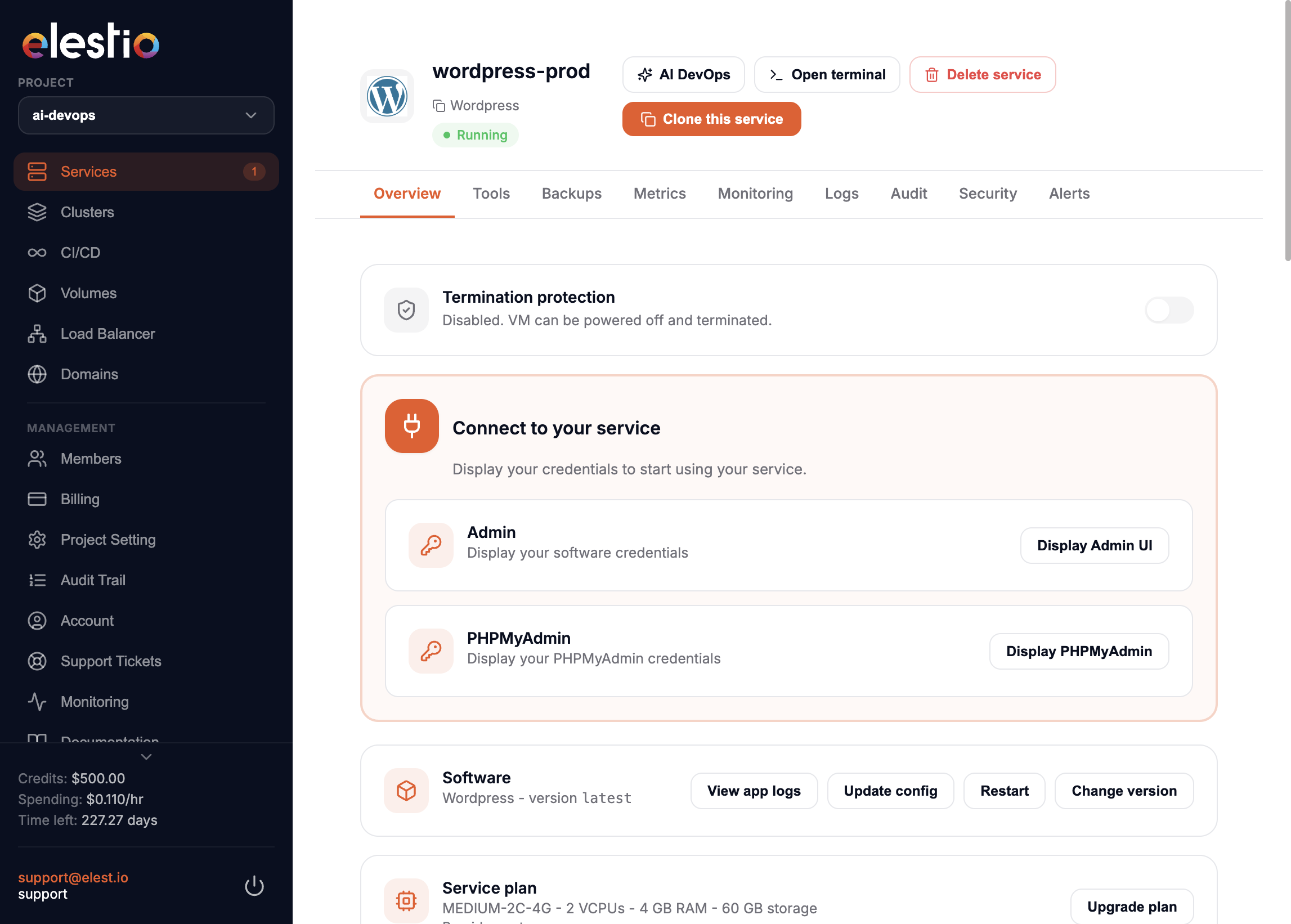 Change version button in the service overview