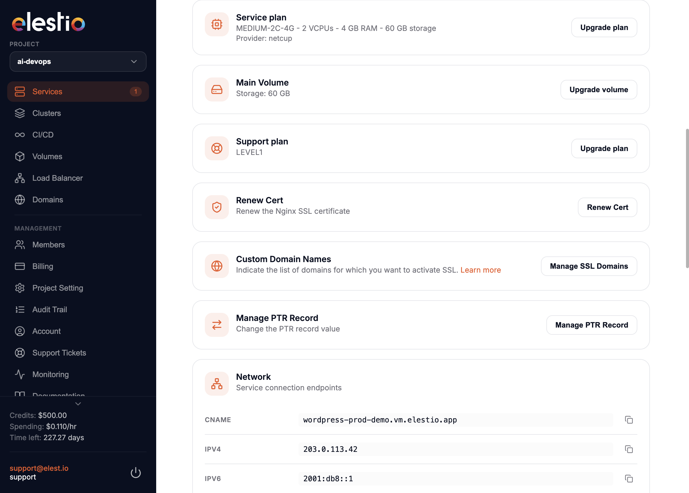 Main Volume section in the service dashboard