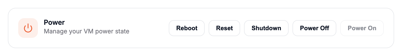 Power management controls: reboot, reset, shutdown, power off, power on