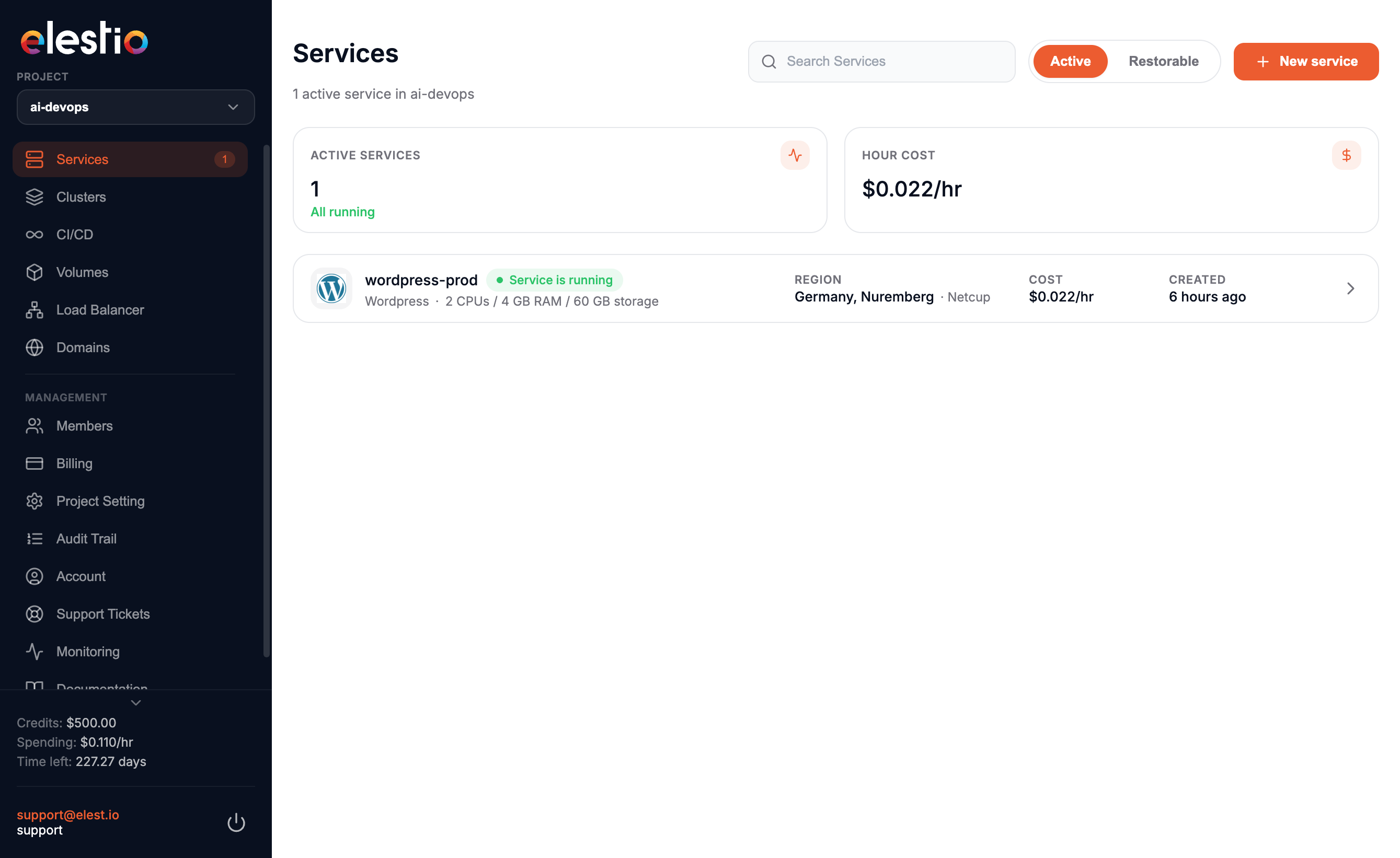 The Elestio Services dashboard