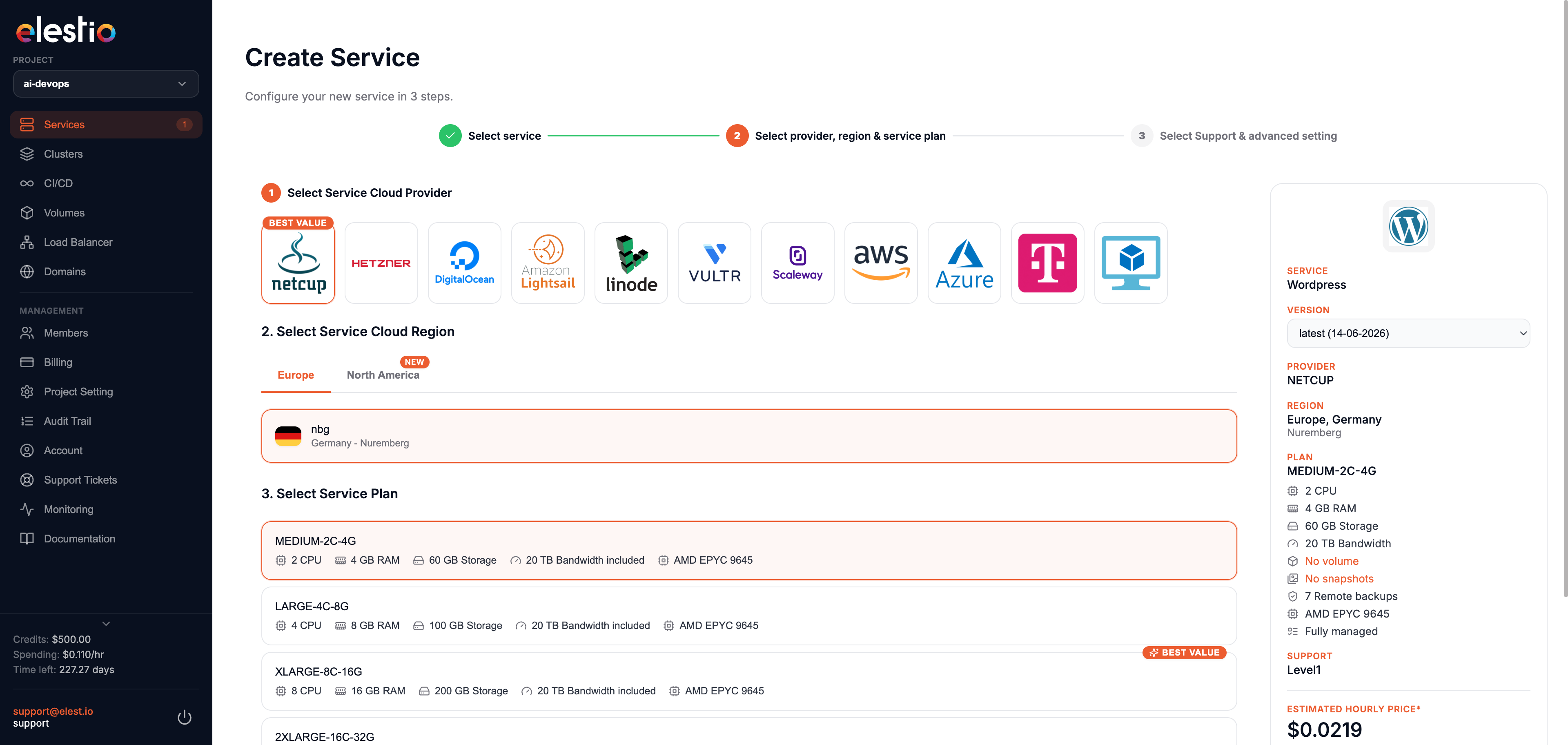 Cloud provider and region selection